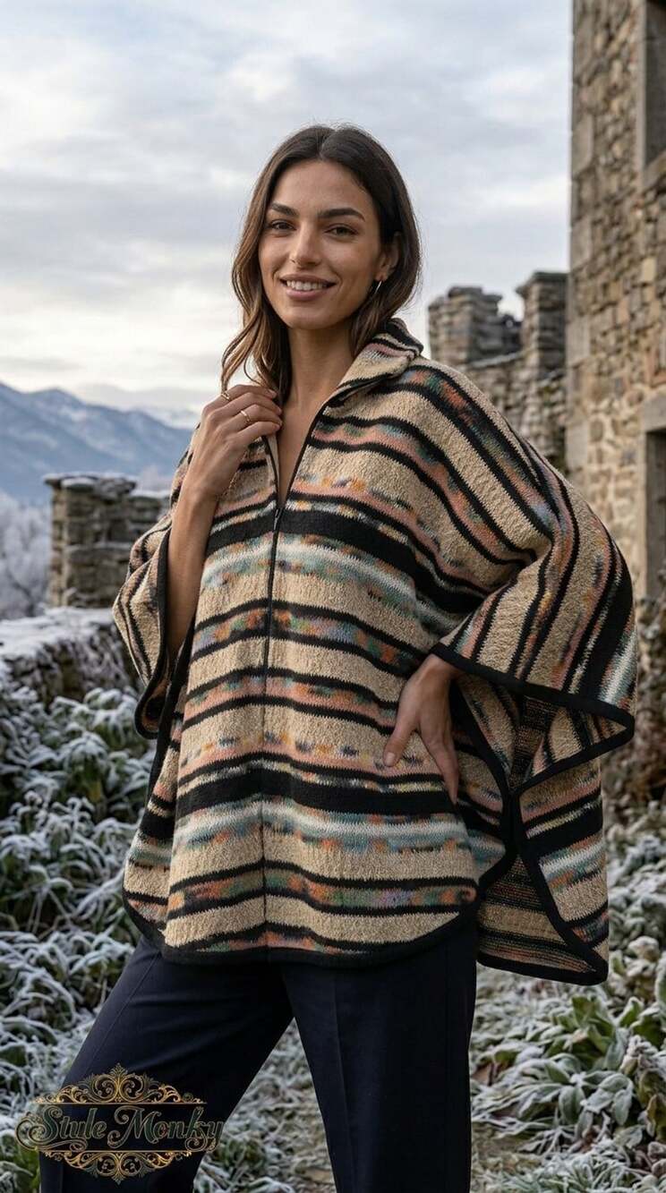 Vintage 1970s Striped Knit Poncho Cape Mock Neck Zip Front